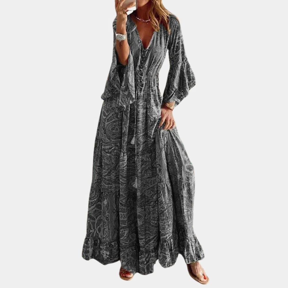Bohemian long dress for women by Belro, flowing fabric with intricate patterns, perfect for casual or boho-chic style.