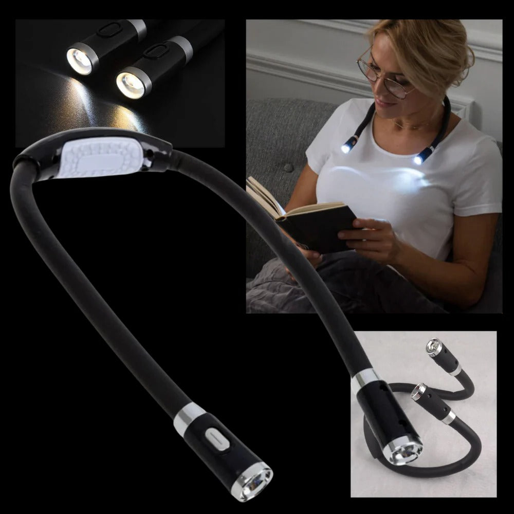 Belro LED neck reading lamp with adjustable light, designed for office and stationery use, shown draped around a person's neck.