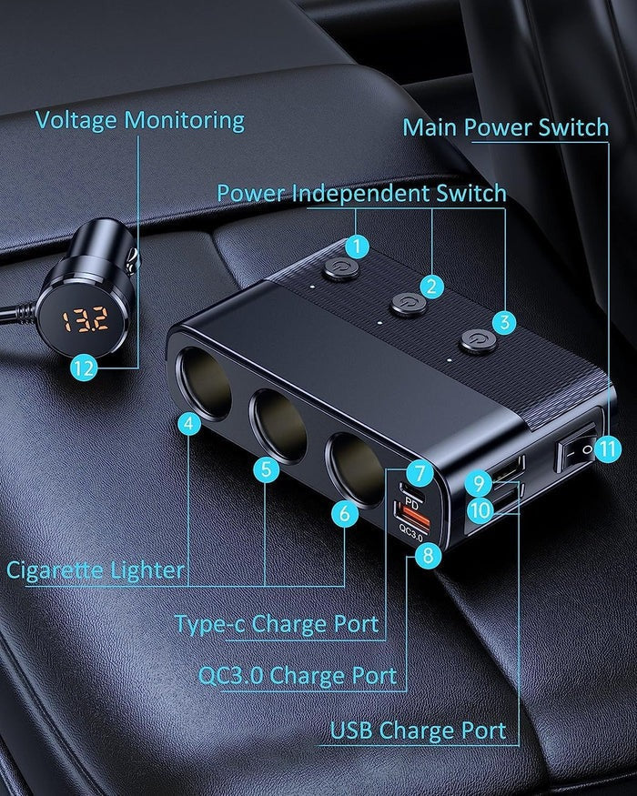 Belro 7-in-1 car cigarette lighter adapter with multiple charging ports and USB outputs for vehicle power accessories.