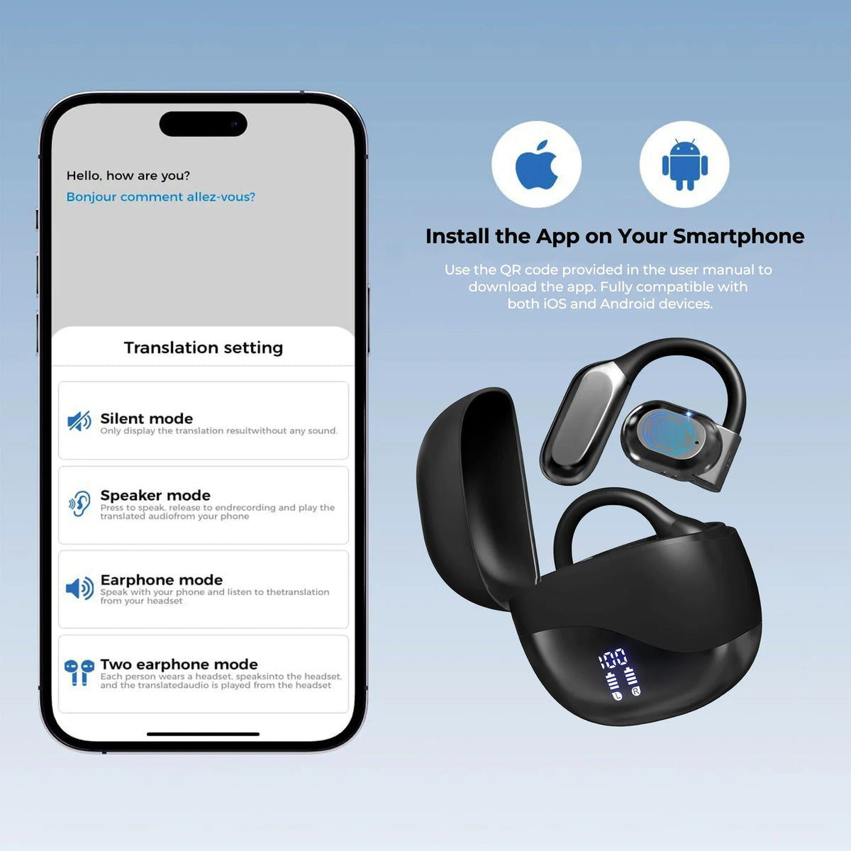 Belro Smart Translation Earbuds in black with charging case, wireless electronic earbuds for real-time language translation.