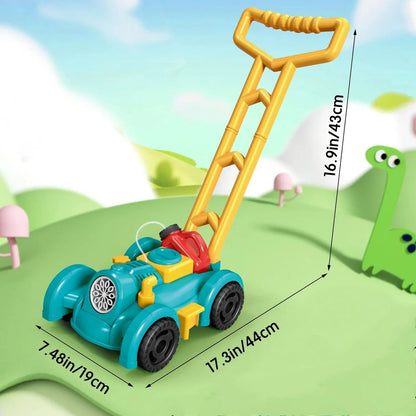 Belro Bubble Lawn Mower Toy for outdoor play, featuring colorful plastic design and realistic lawnmower details.