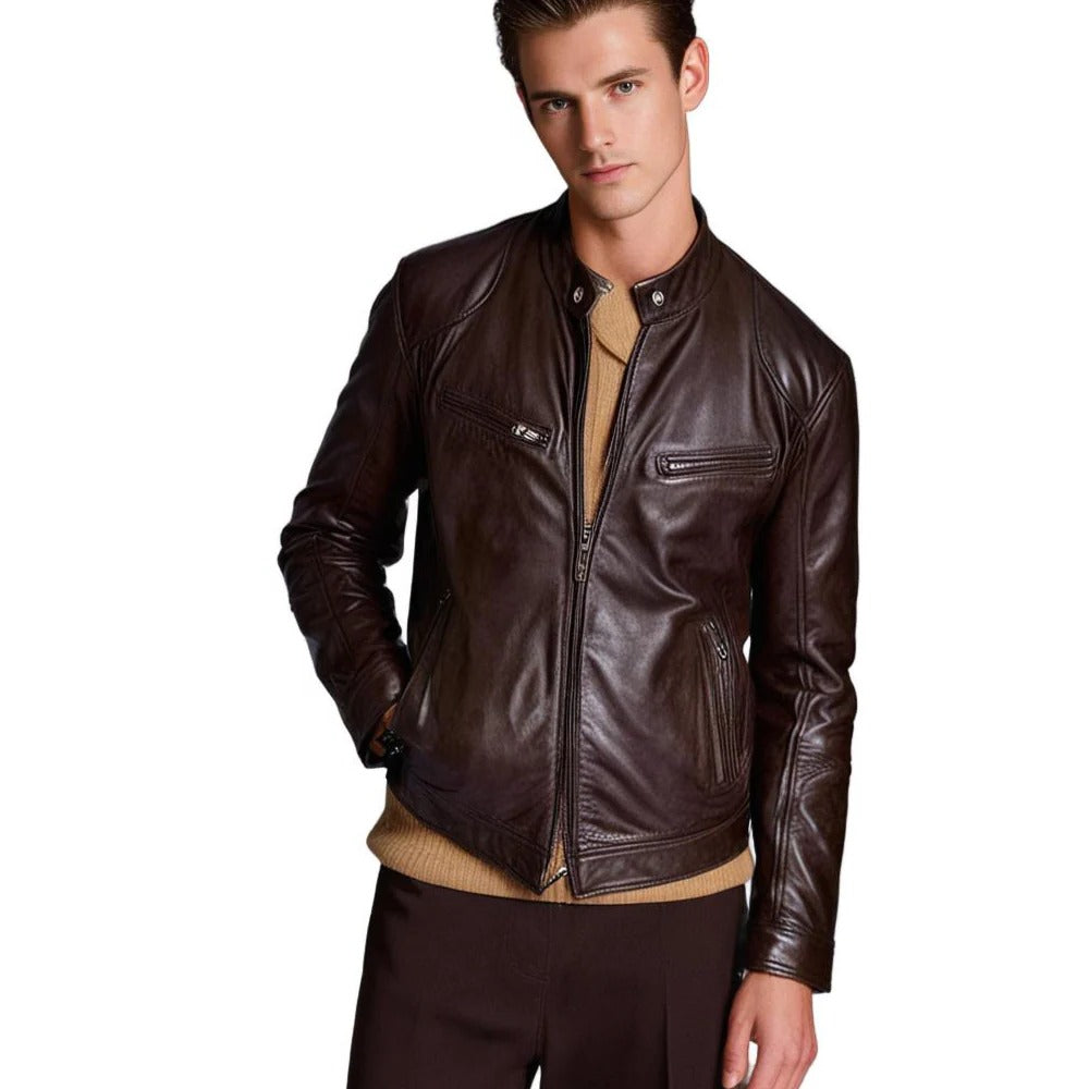 Men's leather jacket by Belro, showing the front view with a classic collar and detailed stitching on smooth black leather.