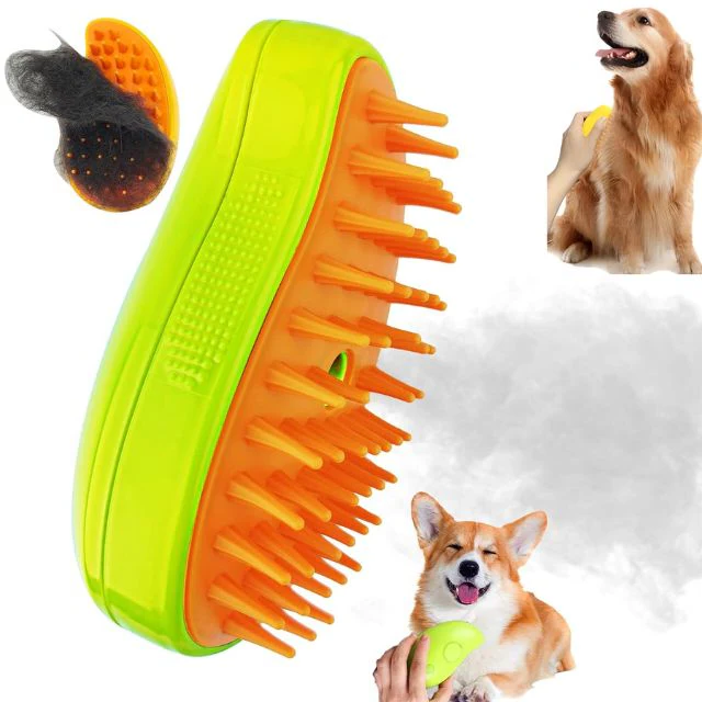 Belro Steamy Dog Brush for grooming, featuring a ergonomic handle and bristles designed to reduce loose fur during pet grooming.