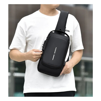 Belro anti-theft crossbody backpack with secure zippers and multiple compartments, black, displayed with adjustable strap.