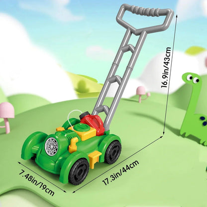 Belro Bubble Lawn Mower toy for outdoor play, featuring colorful plastic design and realistic handle for kids' outdoor fun.