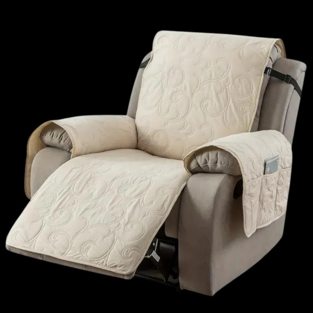 Belro waterproof recliner slipcover in neutral fabric, protecting and decorating a comfortable home recliner chair.