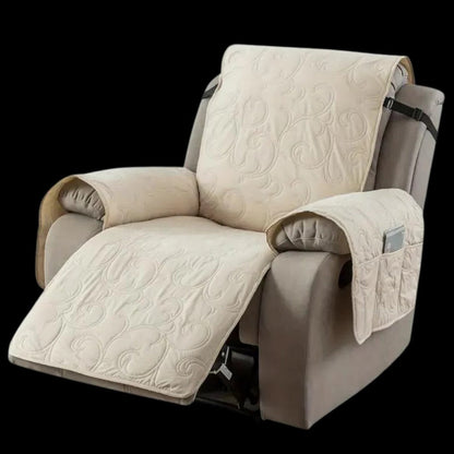 Belro waterproof recliner slipcover in neutral fabric, protecting and decorating a comfortable home recliner chair.