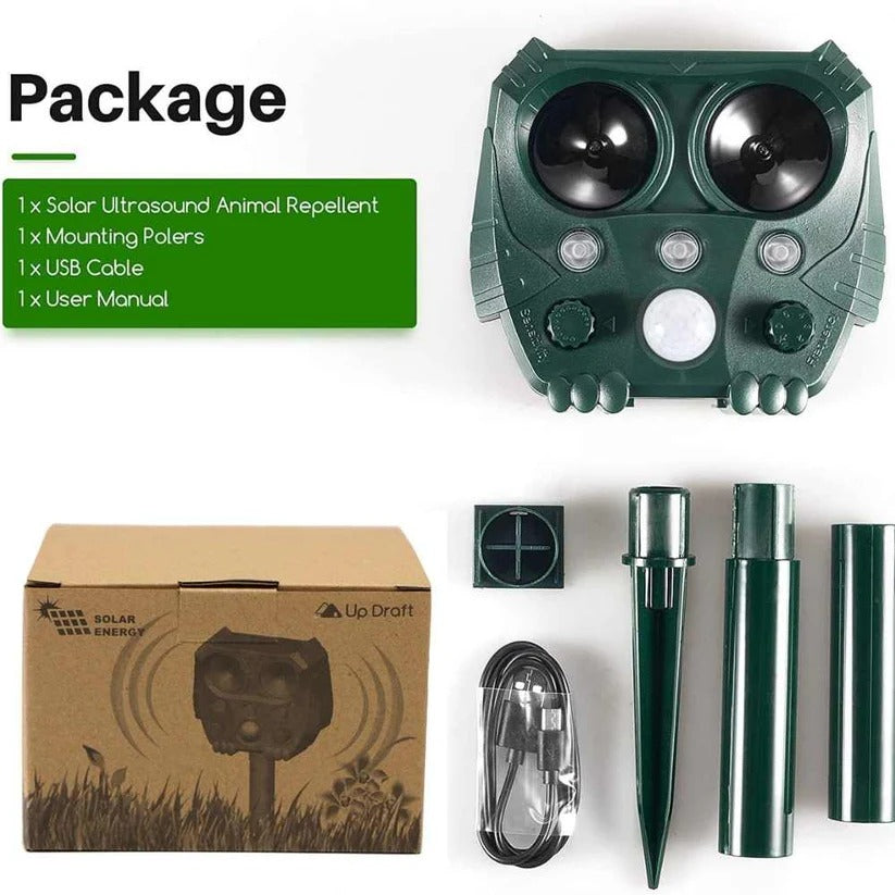 Belro ultrasonic cat repellent device emitting ultrasound and noise to deter cats, foxes, rats, squirrels, and dogs outdoors.