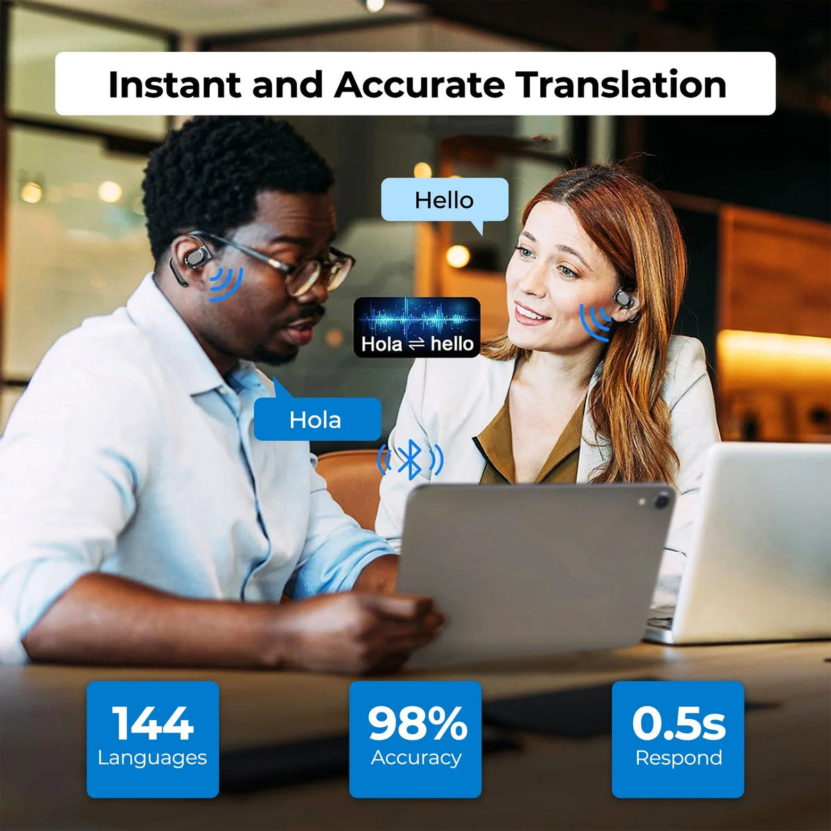 Belro Smart Translation Earbuds in their charging case, sleek black wireless earbuds with touch controls, designed for instant language translation.