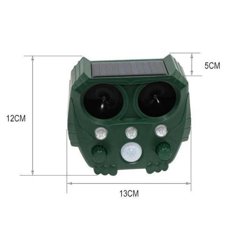 Belro ultrasonic cat repellent device emitting ultrasound and noise to deter cats, foxes, rats, squirrels, and dogs outdoors.