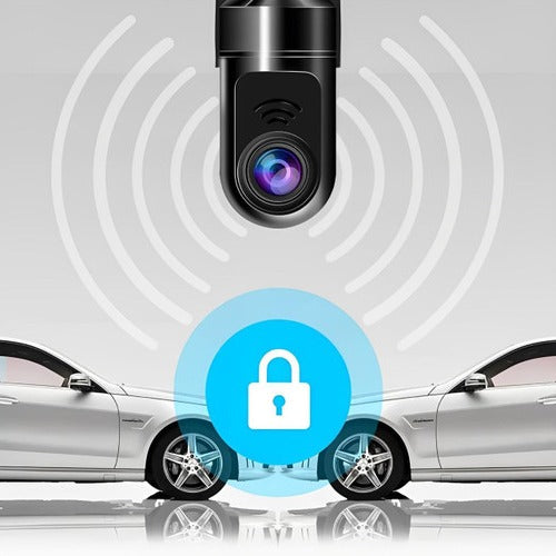 Belro car dashcam with surveillance camera mounted inside vehicle, capturing front road and interior footage for security and recording.