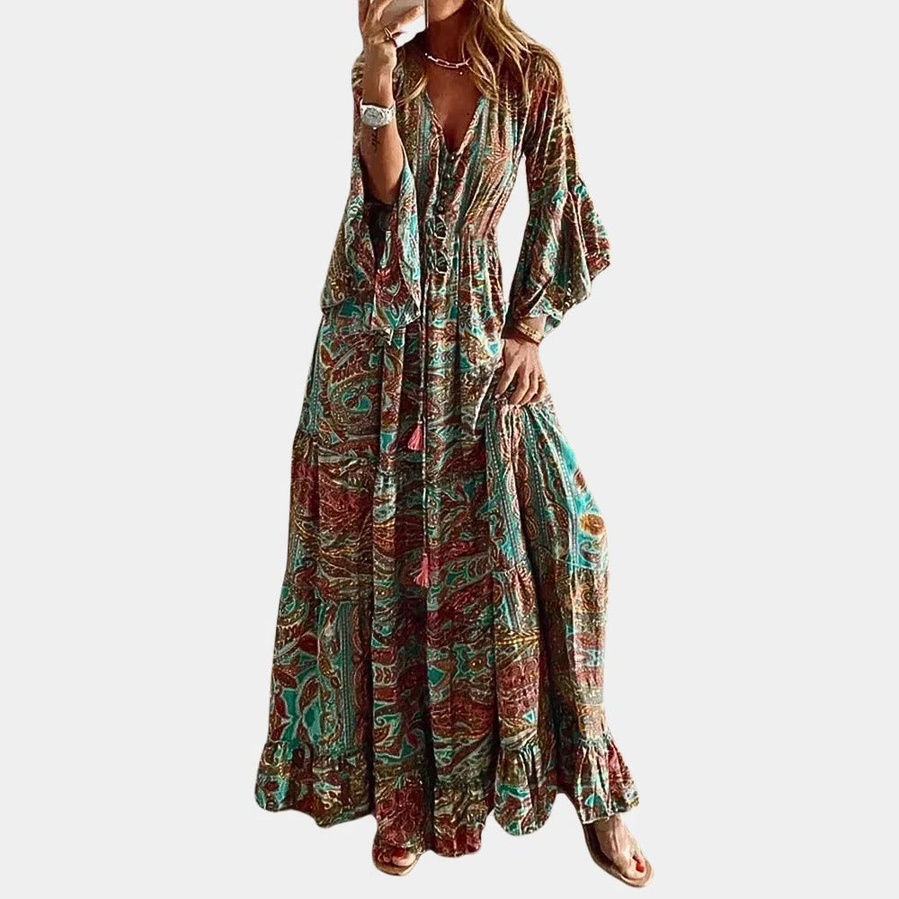 Long bohemian dress for women by Belro, featuring flowing fabric and intricate patterns, perfect for casual or festival wear.