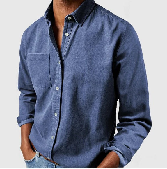 Belro cotton shirt, casual men's clothing, white button-up shirt with collar and long sleeves, front view.