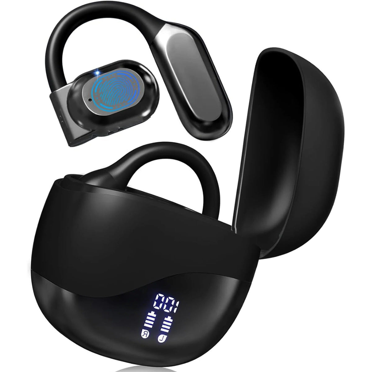Belro Smart Translation Earbuds in black with charging case, wireless earbuds designed for real-time language translation.