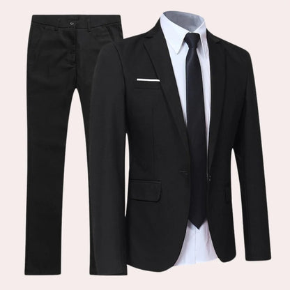 Men's Belro suit in classic tailored style, featuring a dark blazer and matching trousers, displayed on a mannequin.