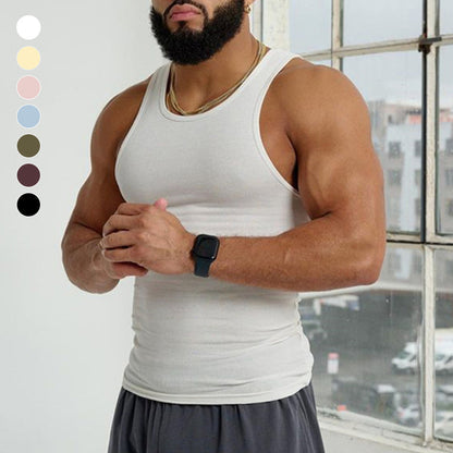 Belro Ultimate Men’s Sleeveless Tee in black, plain cotton shirt, front view showing sleeveless design and comfortable fit.