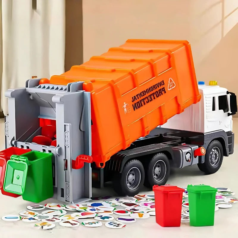 Belro interactive garbage truck toy with realistic automotive design, featuring moving parts and vibrant colors for children’s play.
