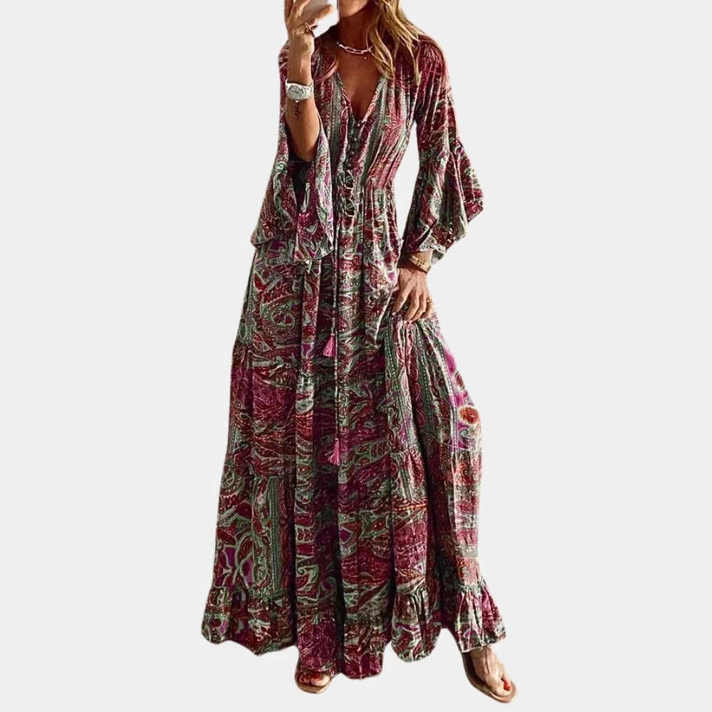 Belro bohemian long dress for women with flowing fabric and intricate patterns, perfect for casual or festival wear.