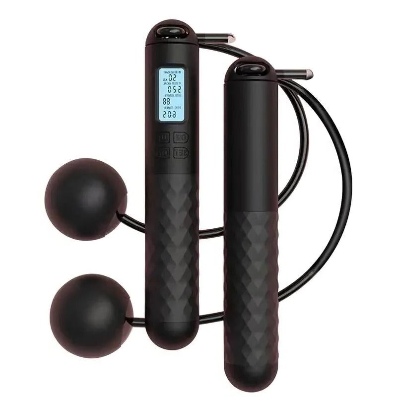 Belro weighted cordless jump rope with counter for men, showing the jump rope with padded handles and digital counter.