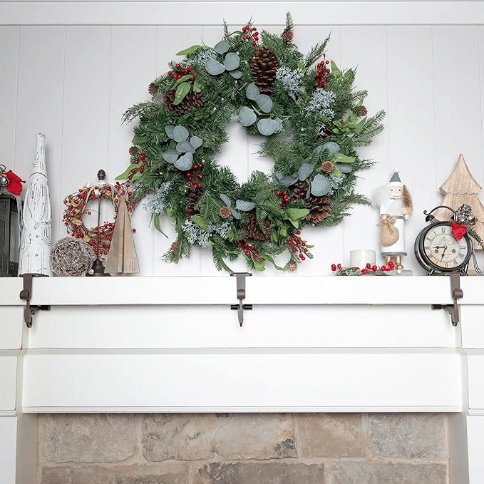Belro Christmas stocking holders for mantle, decorative garland-style hosiery hooks to display stockings on the fireplace mantel.