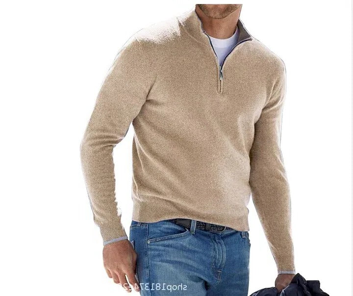 Men's Belro cashmere zipper basic sweater, featuring a smooth knit fabric and a front zipper, suitable for casual wear.