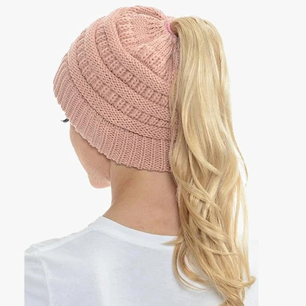 Belro ponytail beanie with a ribbed knit design, featuring a messy bun opening for women, solid color accessory for hair.