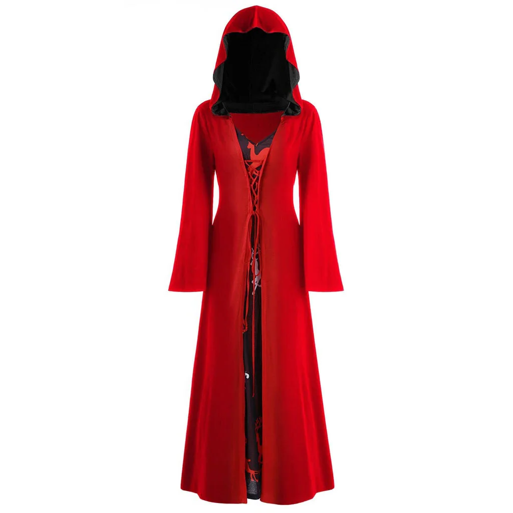 Belro medieval vampire witch dress for women with lace-up hooded cloak and robe, detailed gothic costume clothing.