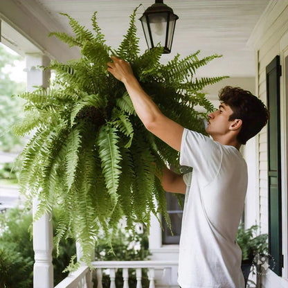 Belro UV resistant artificial Boston fern for outdoor home and garden decor, showcasing lush, lifelike green fronds in natural setting