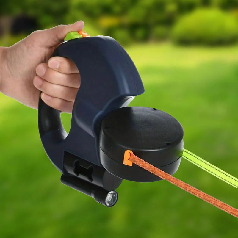 Belro dual dog leash with built-in flashlight and waste bag holder, perfect for nighttime walks with dogs.