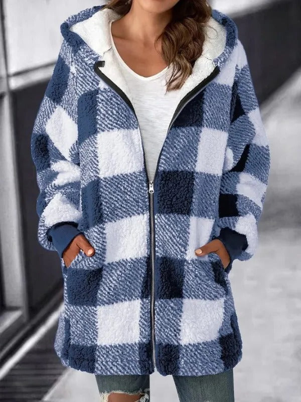Belro women's oversized plaid hoodie coat with loose fit, casual activewear style, featuring a cozy, relaxed silhouette.