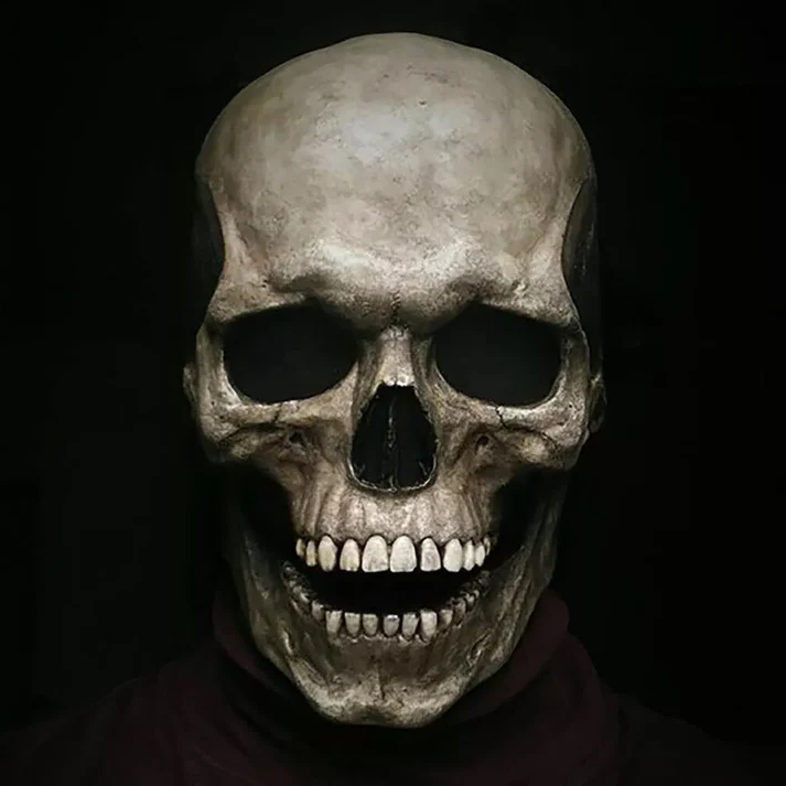 Belro movable jaw realistic full head skeleton mask, human skull costume for Halloween party, detailed bone design and expressive features