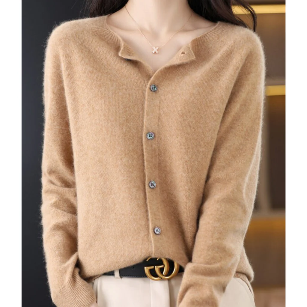 Belro women's round neck cardigan sweater in automotive-inspired design, showcasing soft fabric and classic fit.