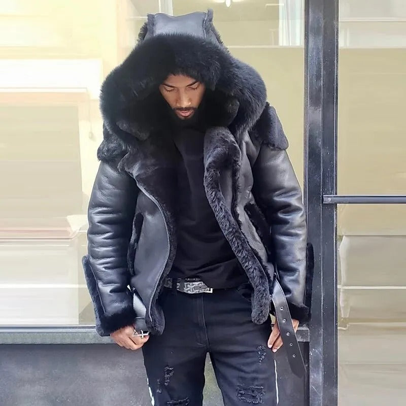 Belro sheepskin leather motorcycle jacket with fur-lined hood, designed for men, winter coat with rugged style and warm insulation.