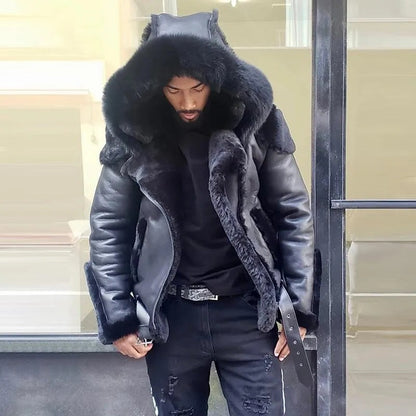 Belro sheepskin leather motorcycle jacket with fur-lined hood, designed for men, winter coat with rugged style and warm insulation.
