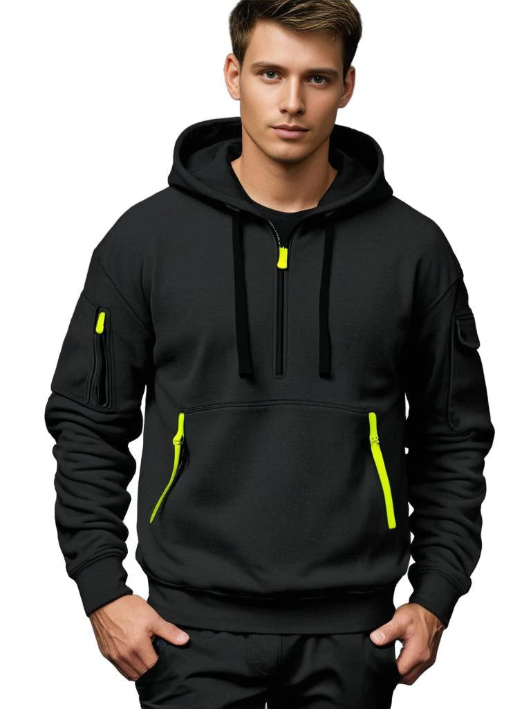 Belro men's hoodie showcasing a comfortable, stylish activewear design with a front pocket and hood in neutral colors.