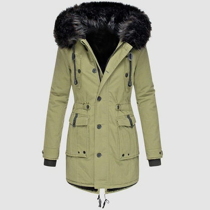 Belro warm fashion coat worn by a model, featuring a stylish design, high collar, and cozy winter fabric.