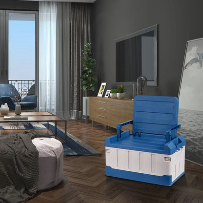 Belro collapsible trunk storage bin with seat, spacious indoor/outdoor ottoman in neutral fabric, showing open and closed views