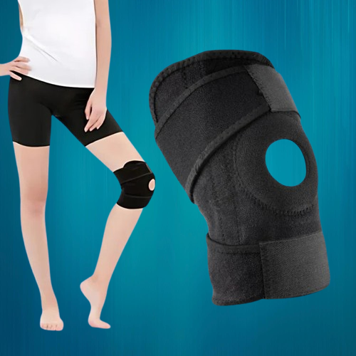 Belro knee support with adjustable compression for pain relief, injury recovery, arthritis, and sports stability, shown on a model.