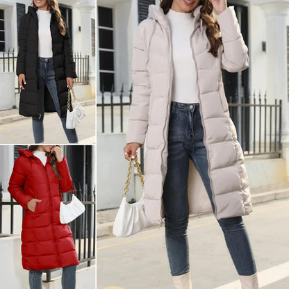 Belro women's hooded long down jacket with a puffy style, suitable for cold weather and outdoor wear.
