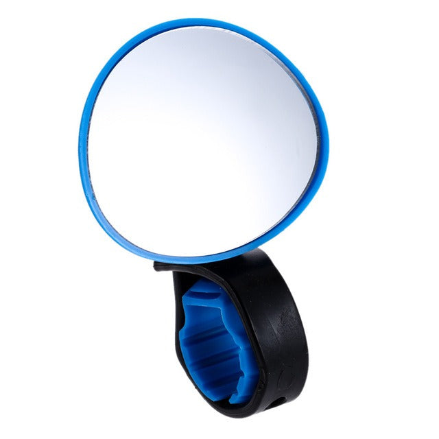 Belro bicycle handlebar mirror mounted on a bike handlebar, reflecting the surrounding outdoor environment for safety.