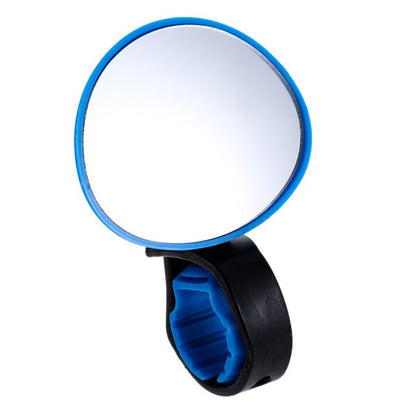 Belro bicycle handlebar mirror mounted on a bike handlebar, reflecting the surrounding outdoor environment for safety.