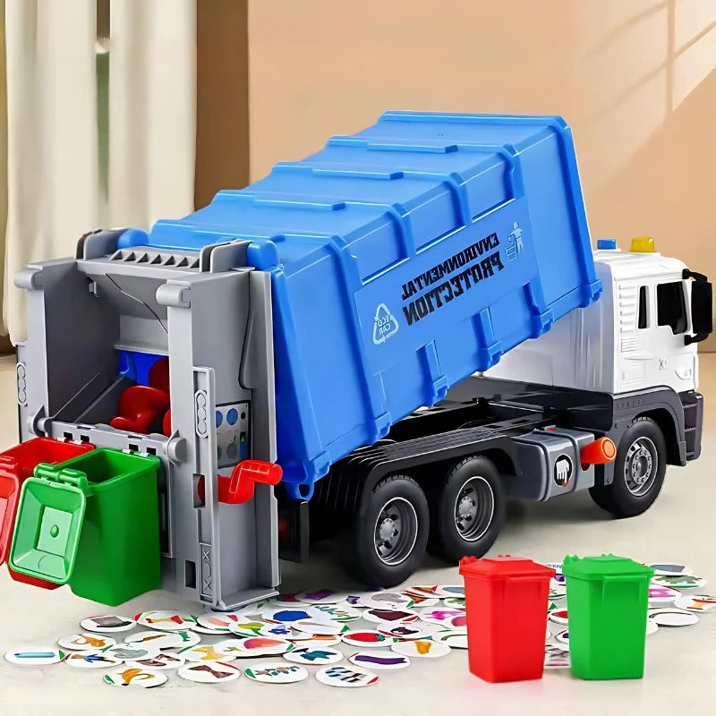 Belro interactive garbage truck toy with moving parts and bright colors, designed for children’s automotive play.