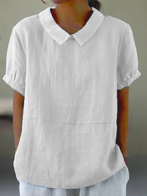 Belro solid color cotton and linen women's top, lightweight blouse with relaxed fit and short sleeves, casual summer clothing.