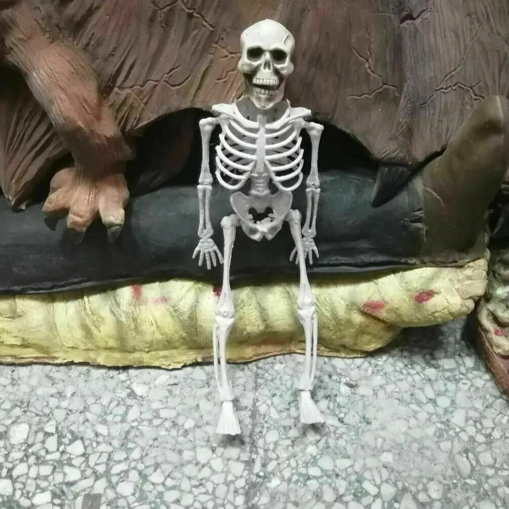 Poseable Creepy Skeleton decoration by Belro, perfect for Halloween home decor, featuring detailed bones and joint movement.