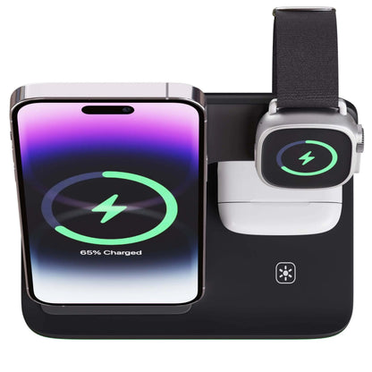 Belro 3-in-1 Apple charger dock with multiple charging ports for iPhone, Apple Watch, and AirPods, on a white surface.