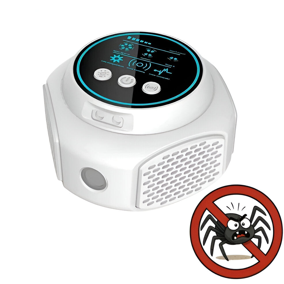 Belro Ultrasonic Spider Repeller in outdoor garden setting, device with vents and power cord for pest control.