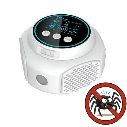 Belro Ultrasonic Spider Repeller in outdoor garden setting, device with vents and power cord for pest control.
