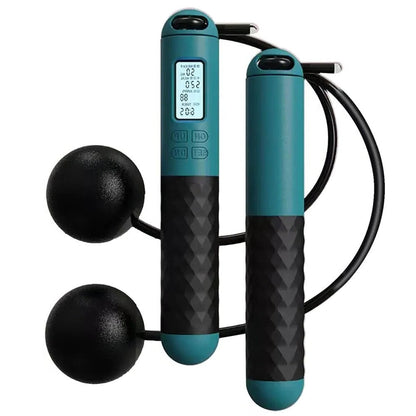 Belro weighted cordless jump rope with counter for men, shown in use, ideal for cardio workouts and skipping exercises.