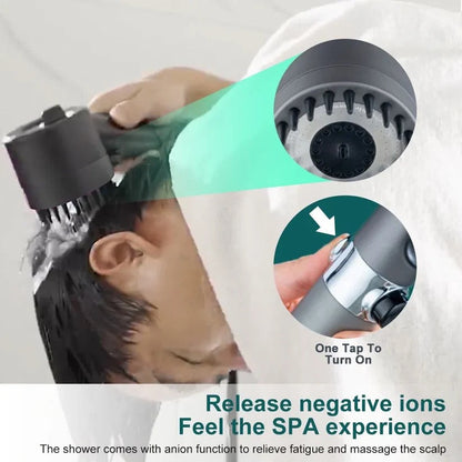 Belro high pressure showerhead with multiple spray settings, mounted on a bathroom wall.