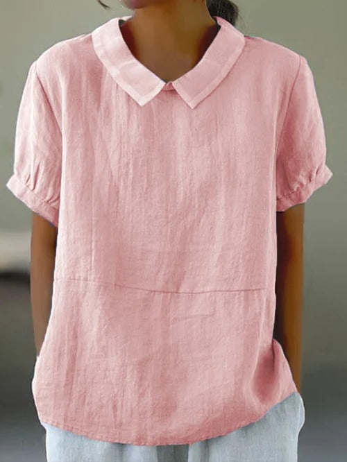 Belro solid color cotton and linen women's top with short sleeves and relaxed fit, displayed on a hanger.